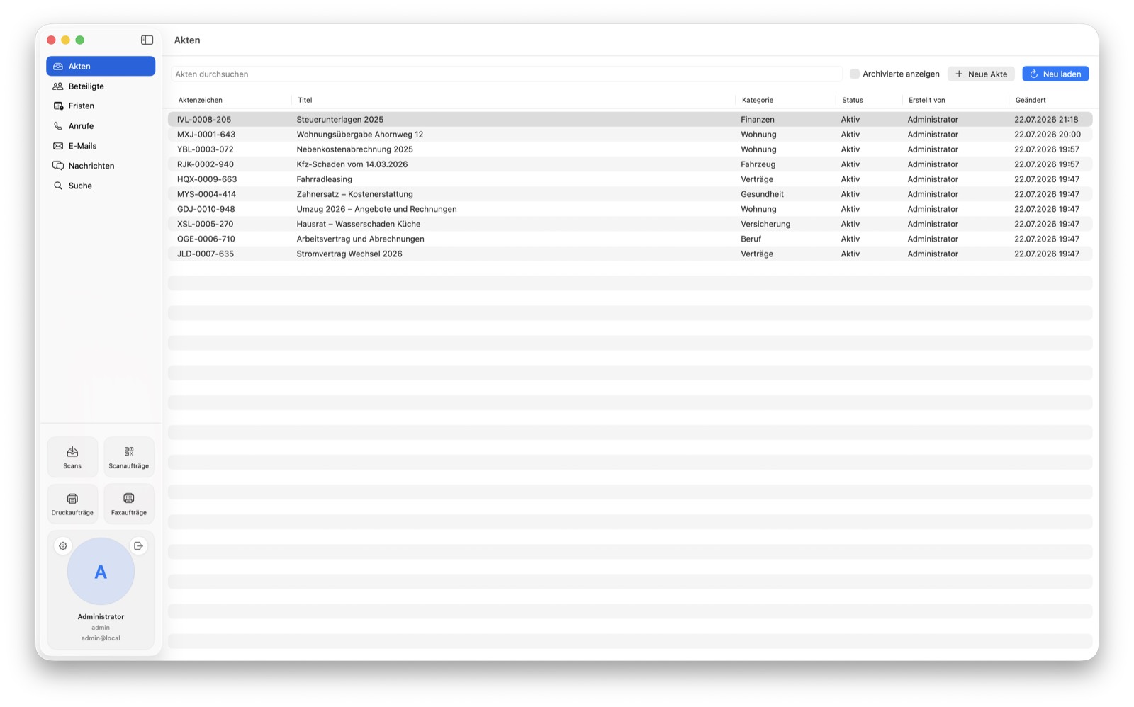 Aktenliste im Mac-Programm mit Aktenzeichen, Titel, Kategorie und Status